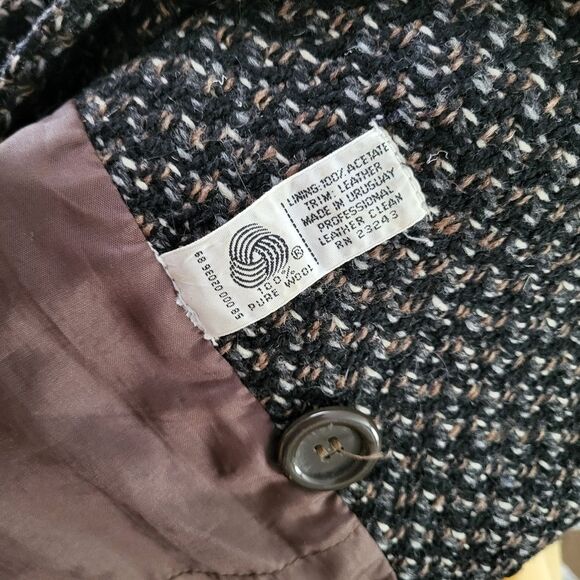 David Benjamin Vintage 80s Wool and Leather Double Breasted Tweed Coat Size 14 - Picture 10 of 10